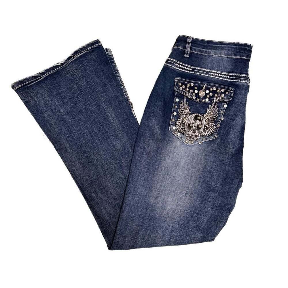 Y2K Sky Studded Skull Embroidered Bootcut Jeans Biker Moto Glam Size 14